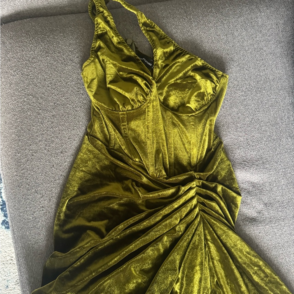 PrettyLittleThing Green Gold Ruched Bustier Gown